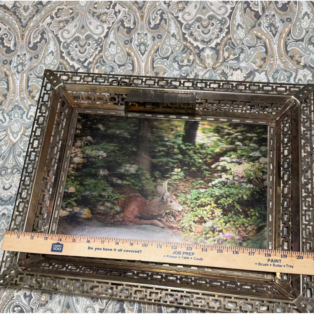 Lenticular 60s  Lighted Deer Picture Frame Ornate Metal Fretwork Woodland‎ 19x15